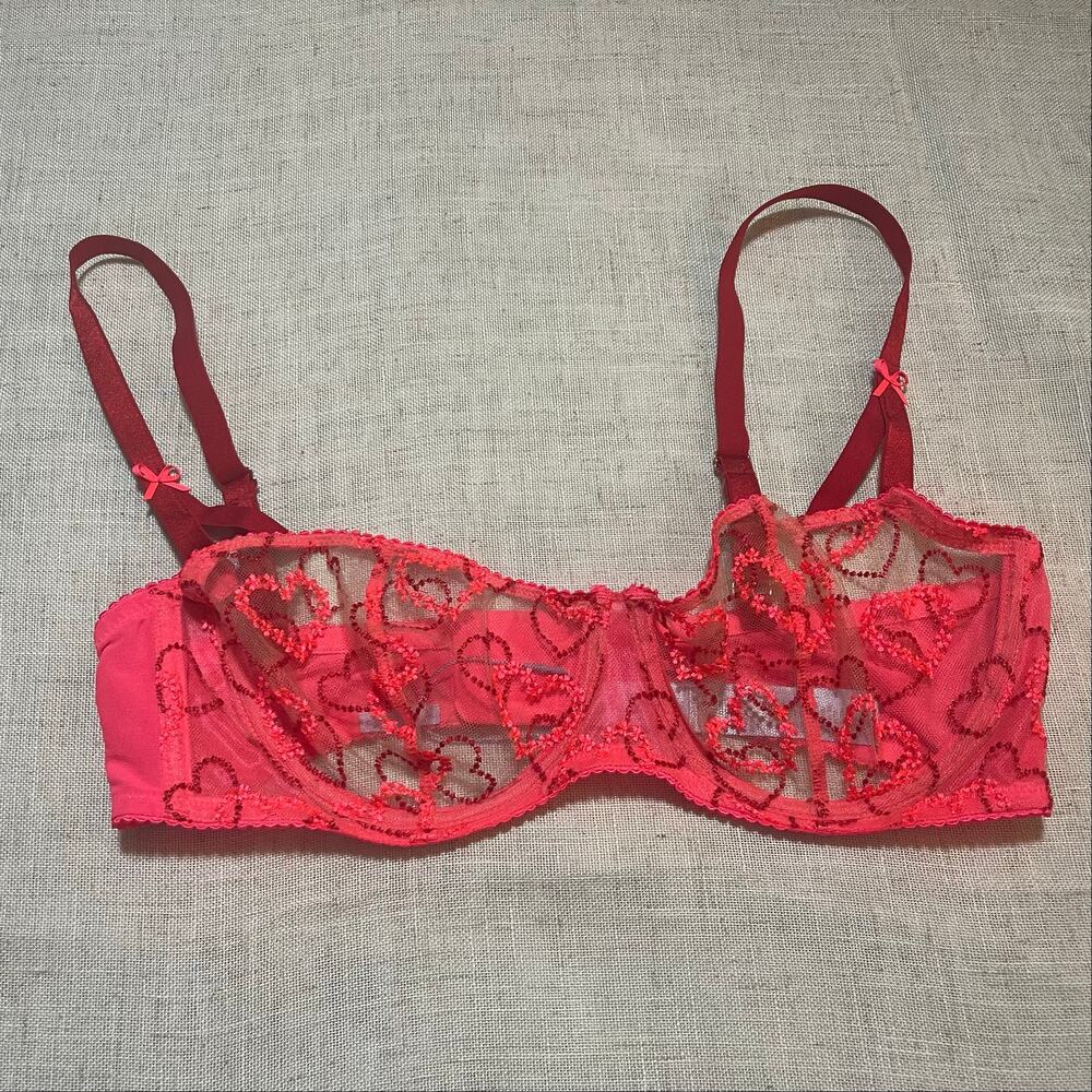 Red Sheer Heart Embroidered Underwire Bra Women’s Size 38D NWT Style